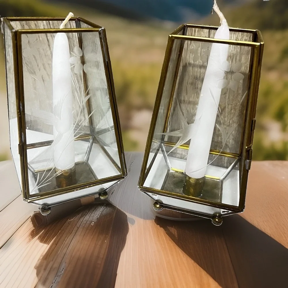 VTG Brass Etched Glass Lantern Candle Holder Lot of 2 Floral & Bird Etchings 7